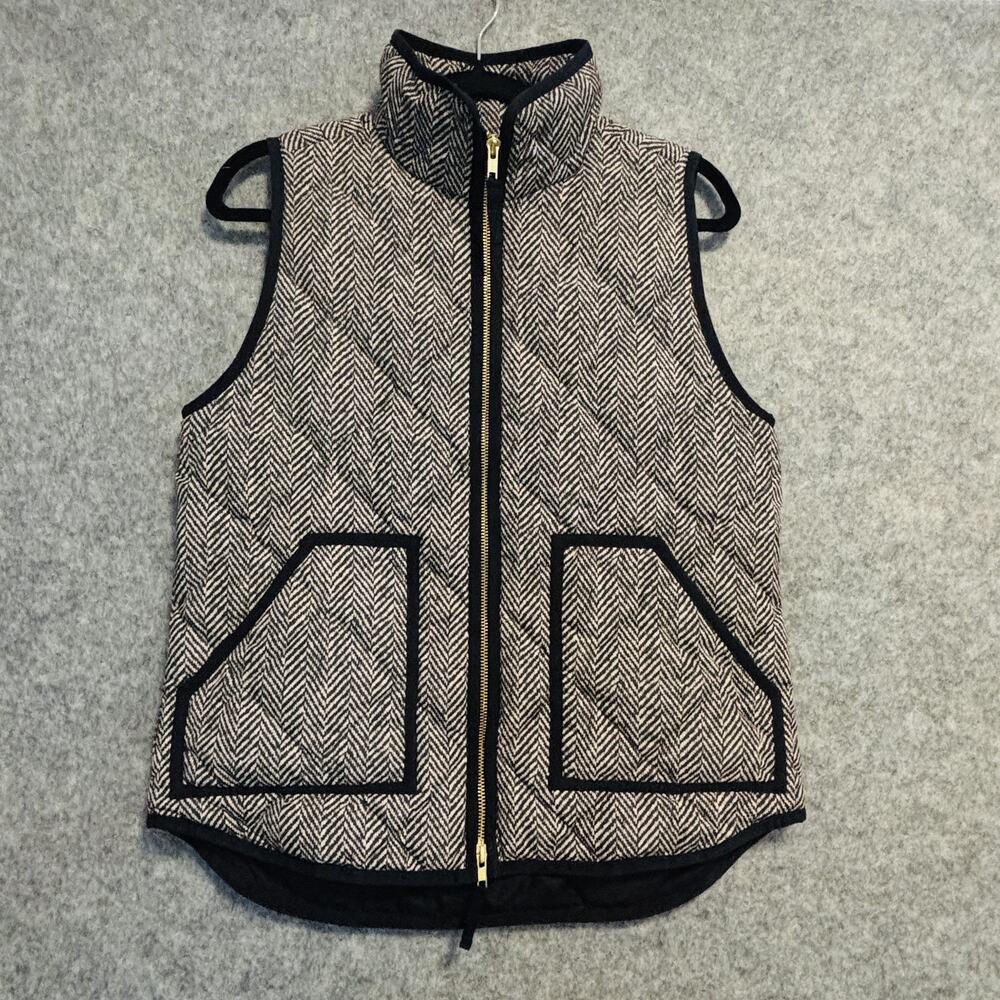 J Crew Vest Womens Small Black Cream Herringbone Down Feather Puffer Quilted